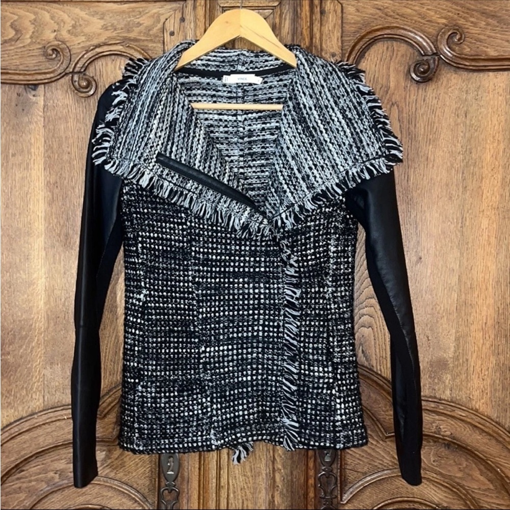 VINCE Black and Gray Textured Blazer Leather and Wool
